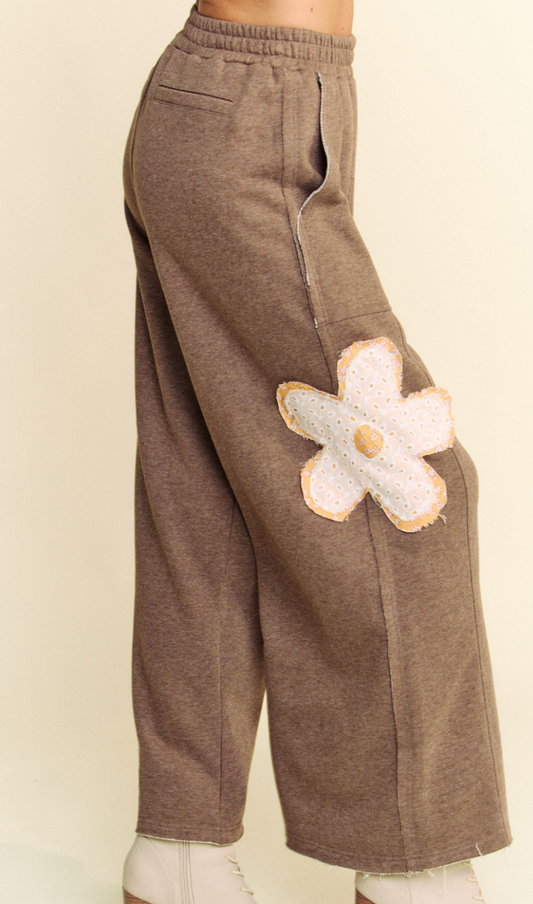 Floral Charm French Terry Pants- Mocha