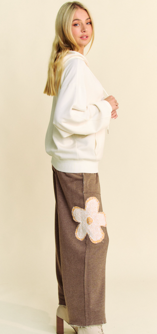 Floral Charm French Terry Pants- Mocha