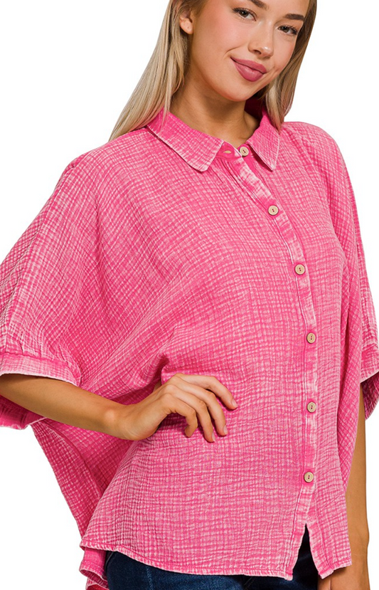 Effortless Mineral Washed Gauze Top - Hot Pink