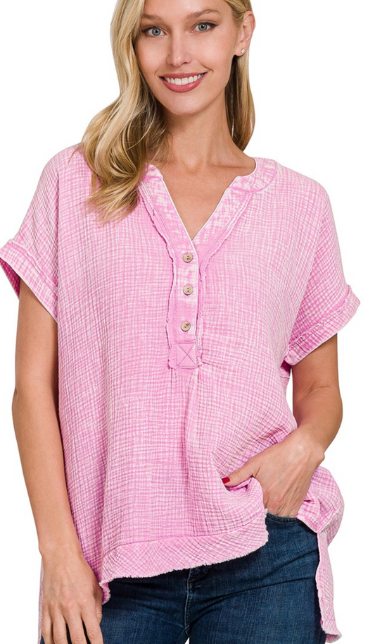 Effortless Henley 3/4 Button Front Top - Candy Pink