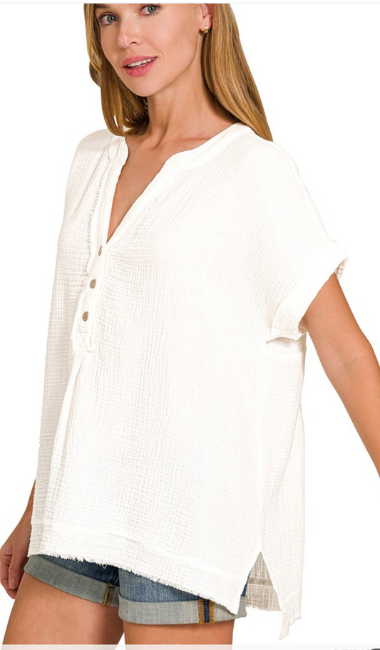 Effortless Henley 3/4 Button Front Top - Off White