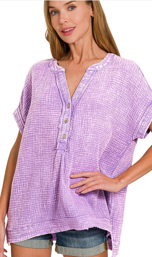 Effortless Henley 3/4 Button Front Top - Lavender