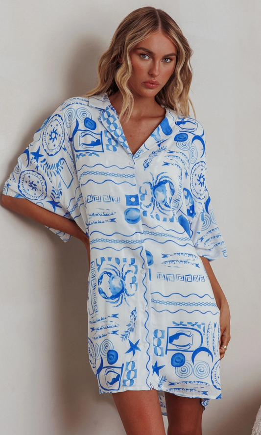 Beach Vibe Oversized Shirt Dress - Blue