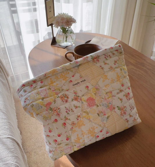 Quilted Floral Cosmetic Bag - Yellow