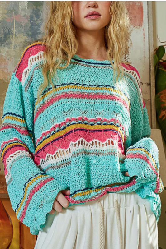 Multi Stripe Pullover Sweater - Teal