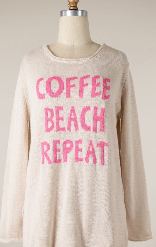 Coffee, Beach, Repeat Sweater - Tan & Pink