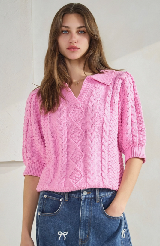 Sunset Drift Cable Knit Sweater - Pink