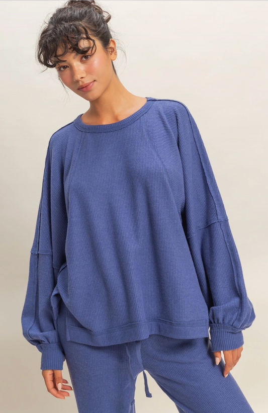 All Weekend Long - Brushed Waffle Knit Pullover - Indigo