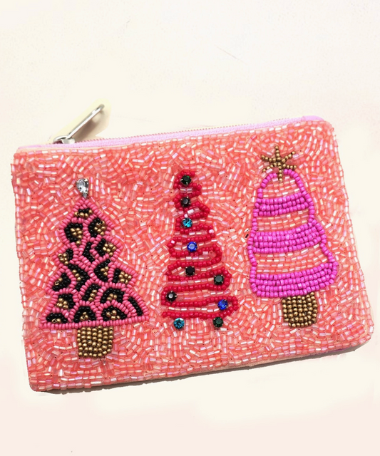 Beaded Coin Purse - Pink Trees
