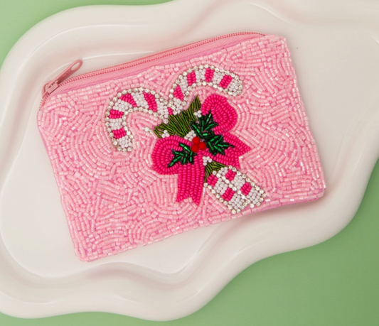 Pink Candy Cane Beaded Coin Purse