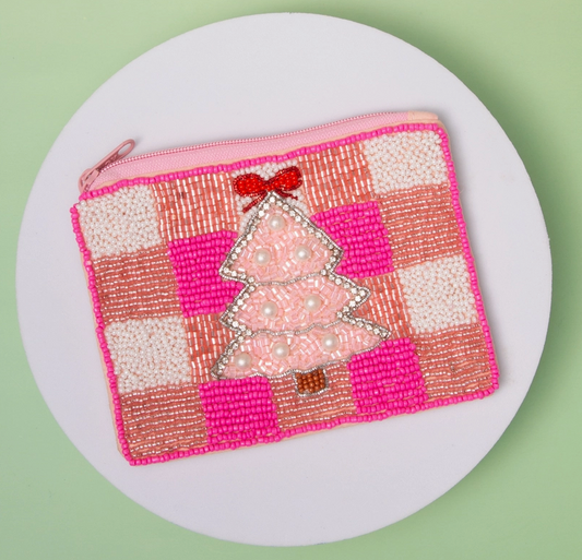 Pink Plaid Christmas Tree Beaded Coin Purse