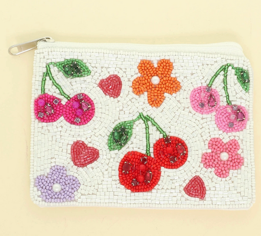 Cherries & Flowers Beaded Coin Purse