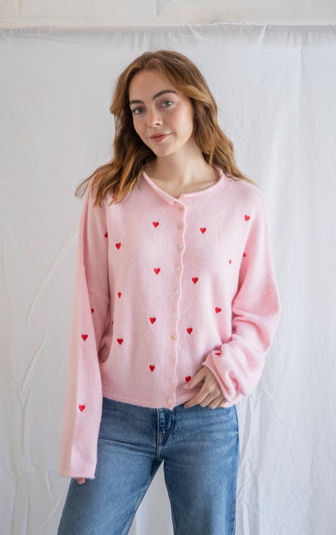 In The Moment Cardigan - Pink w/ Red Hearts