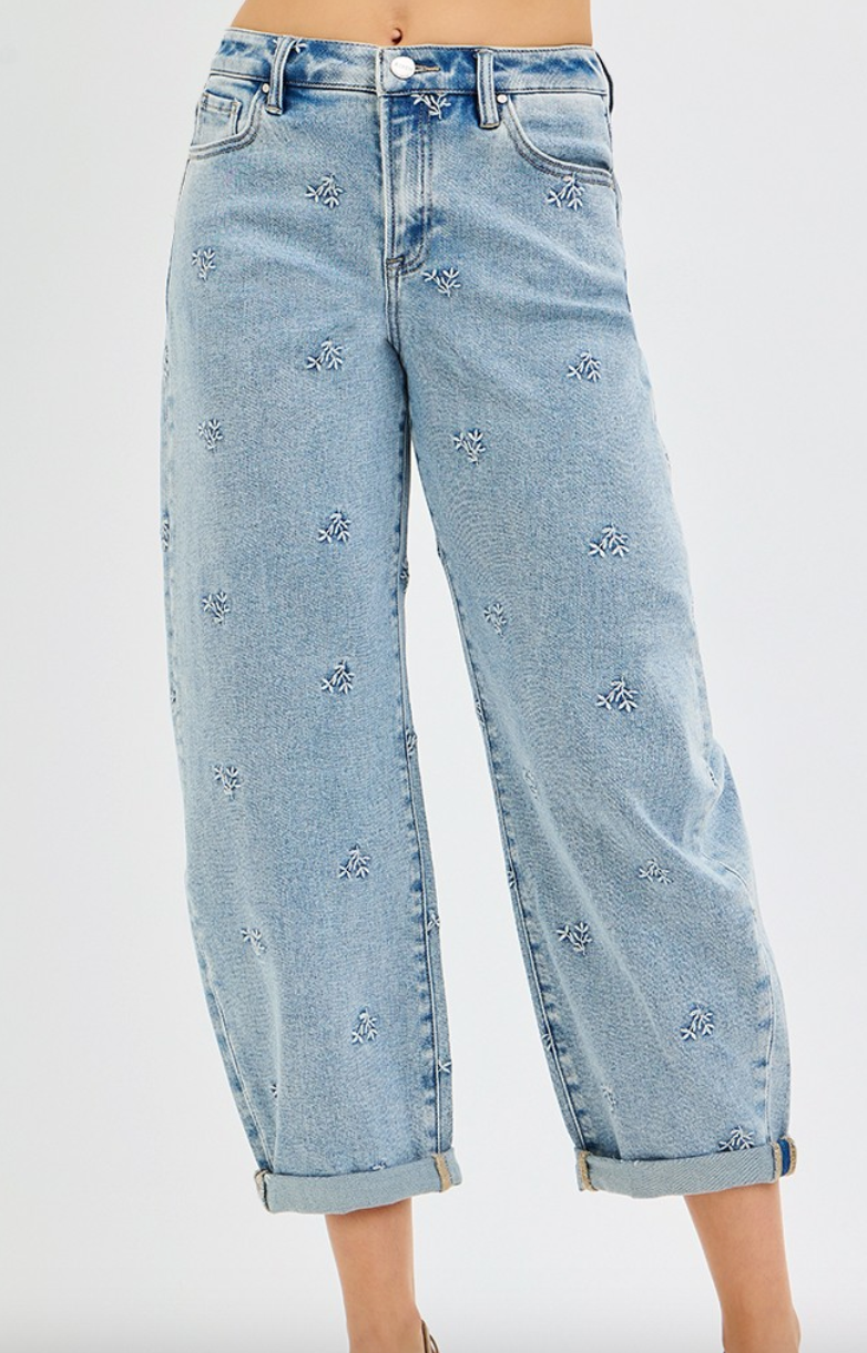 Flower Meadow Embroidered Barrel Jeans