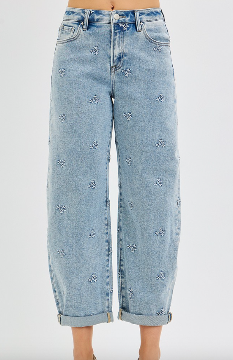 Flower Meadow Embroidered Barrel Jeans