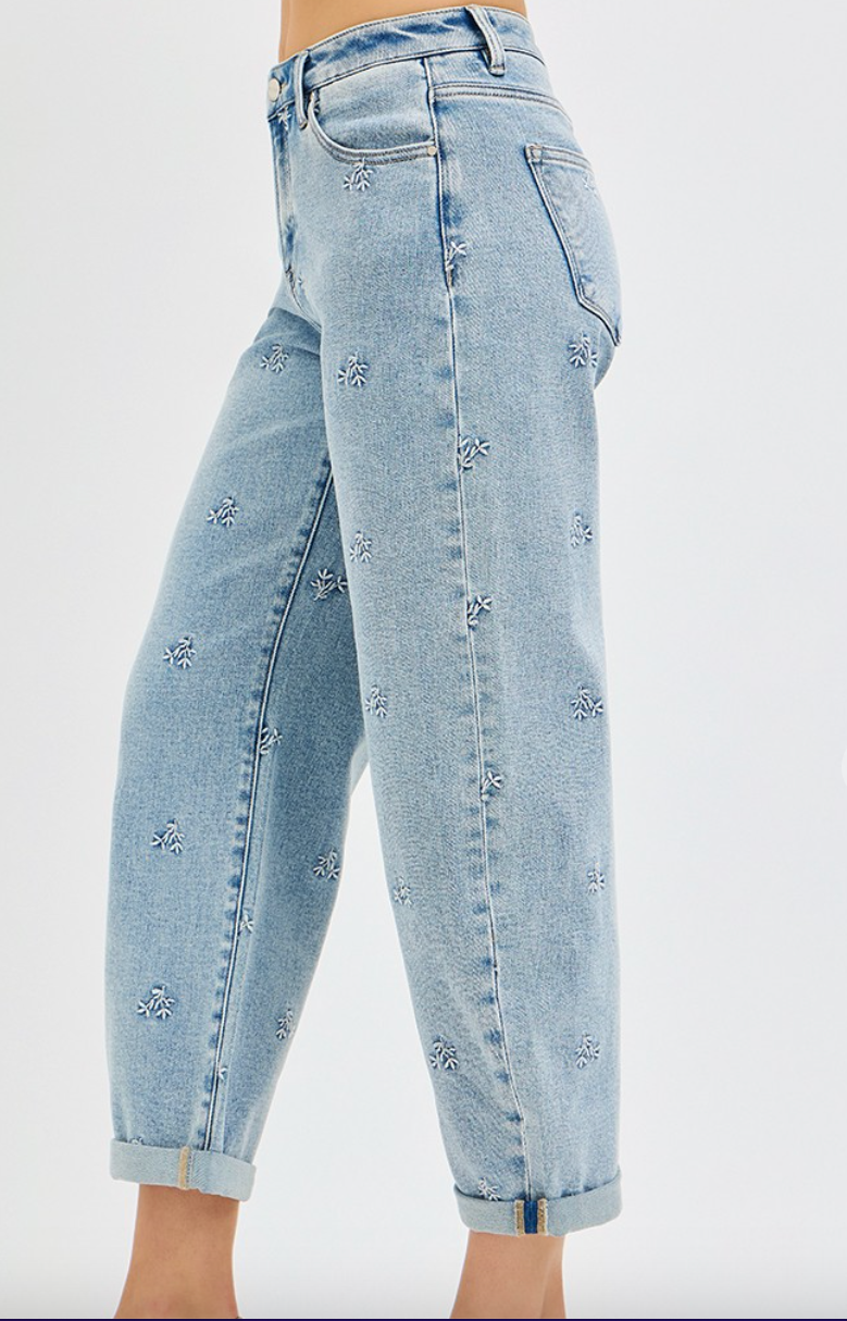 Flower Meadow Embroidered Barrel Jeans