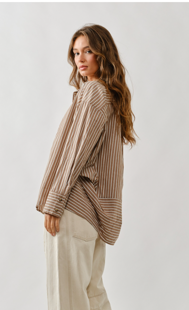 Oversized Striped Button Down Blouse - Mocha