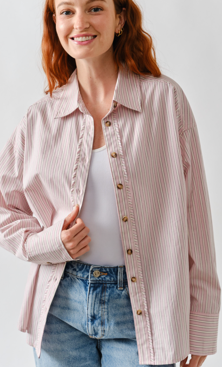 Oversized Striped Button Down Blouse - Light Pink