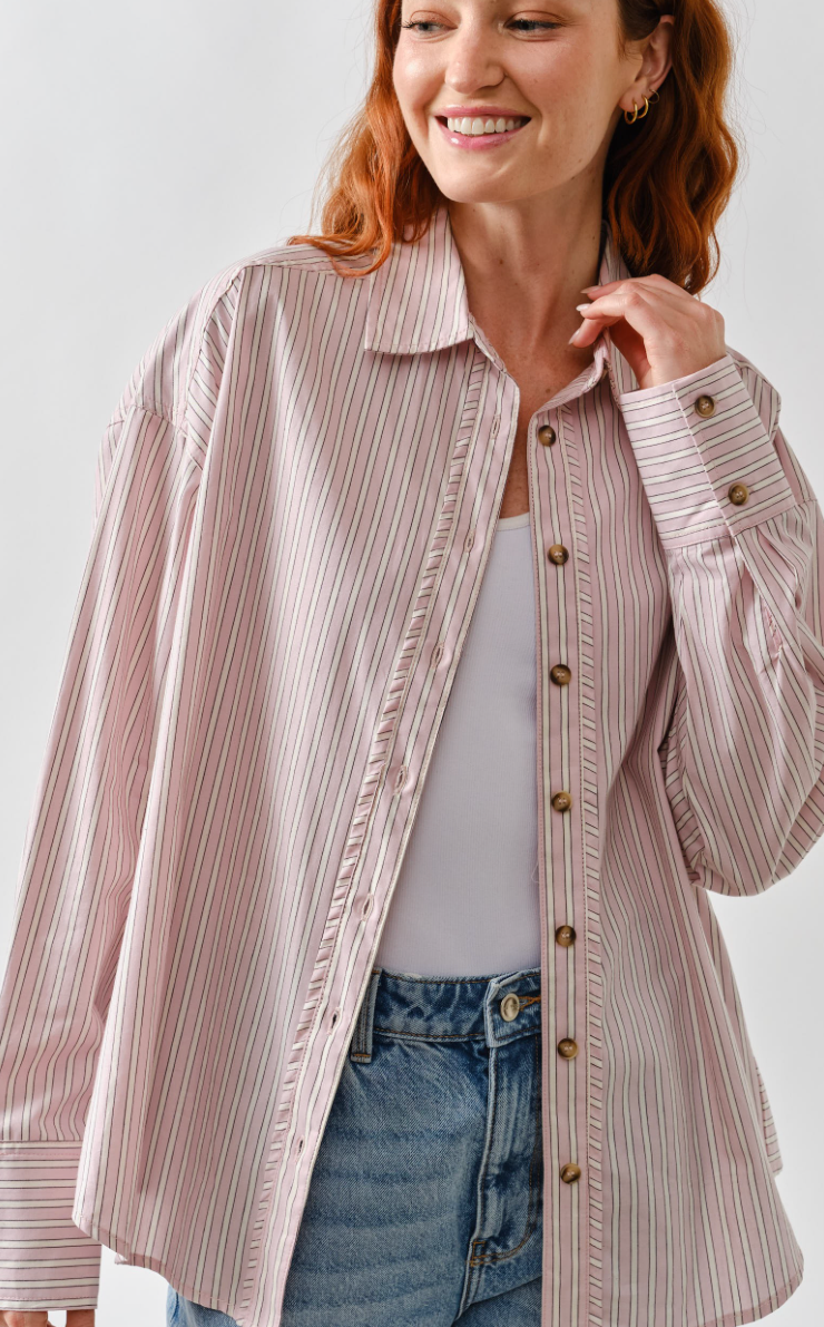 Oversized Striped Button Down Blouse - Light Pink
