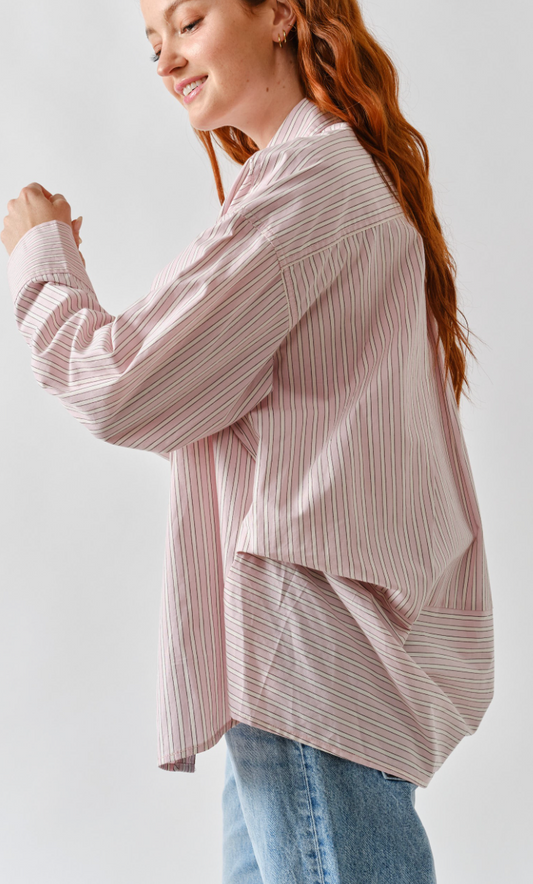 Oversized Striped Button Down Blouse - Light Pink