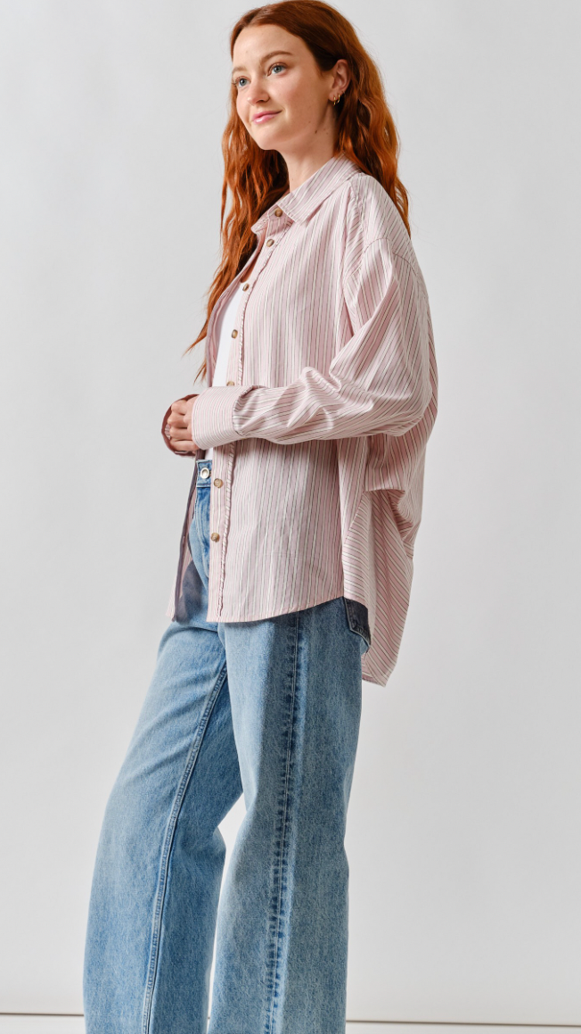 Oversized Striped Button Down Blouse - Light Pink