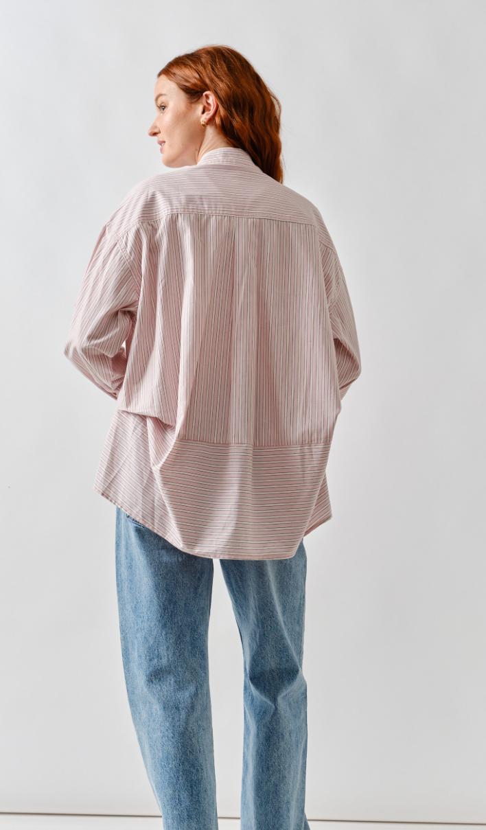 Oversized Striped Button Down Blouse - Light Pink