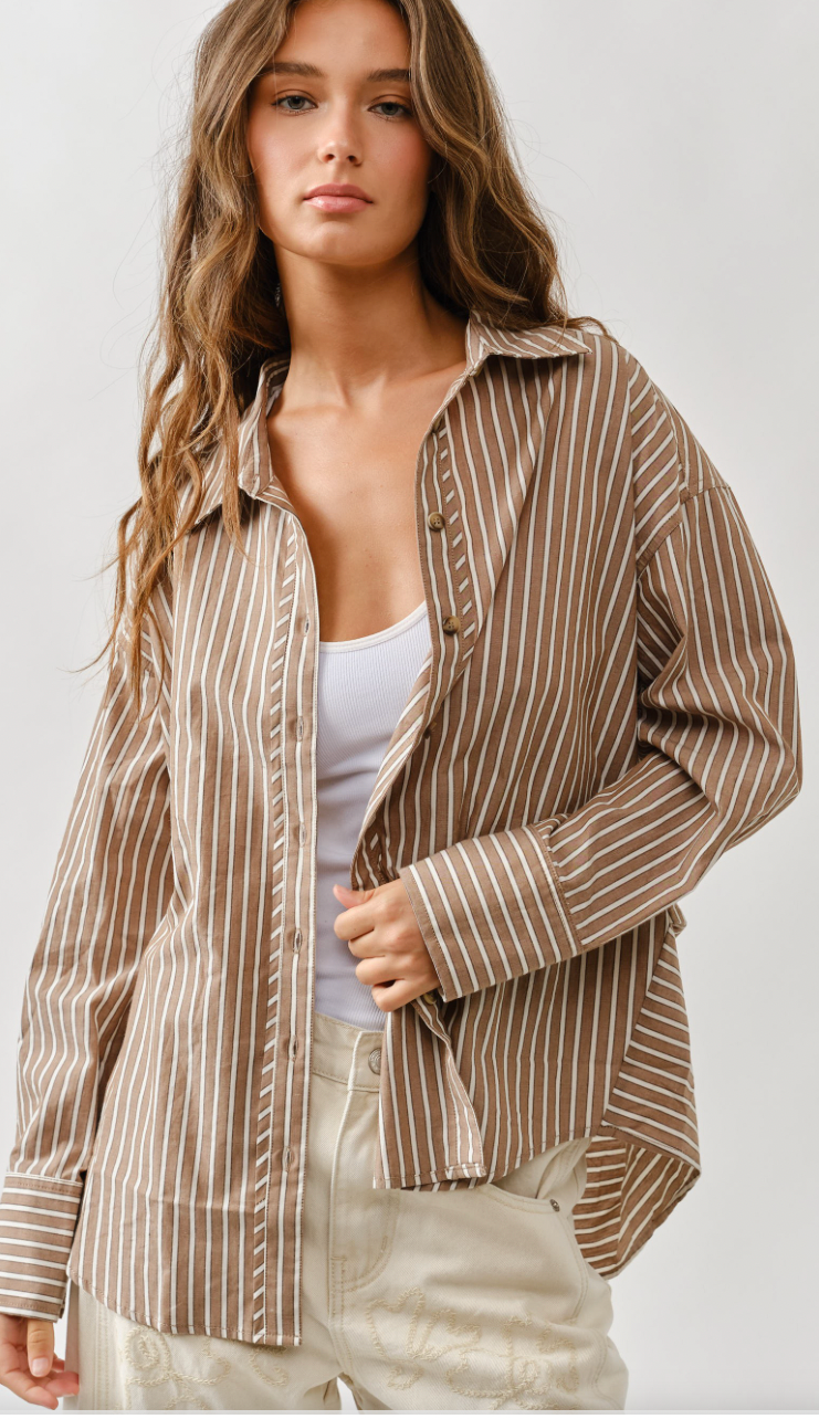 Oversized Striped Button Down Blouse - Mocha