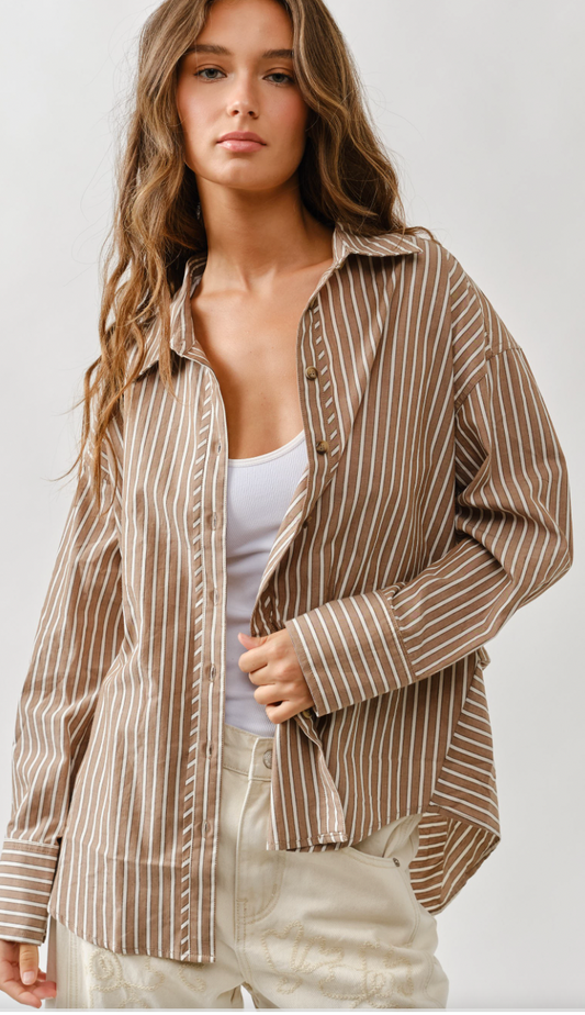 Oversized Striped Button Down Blouse - Mocha