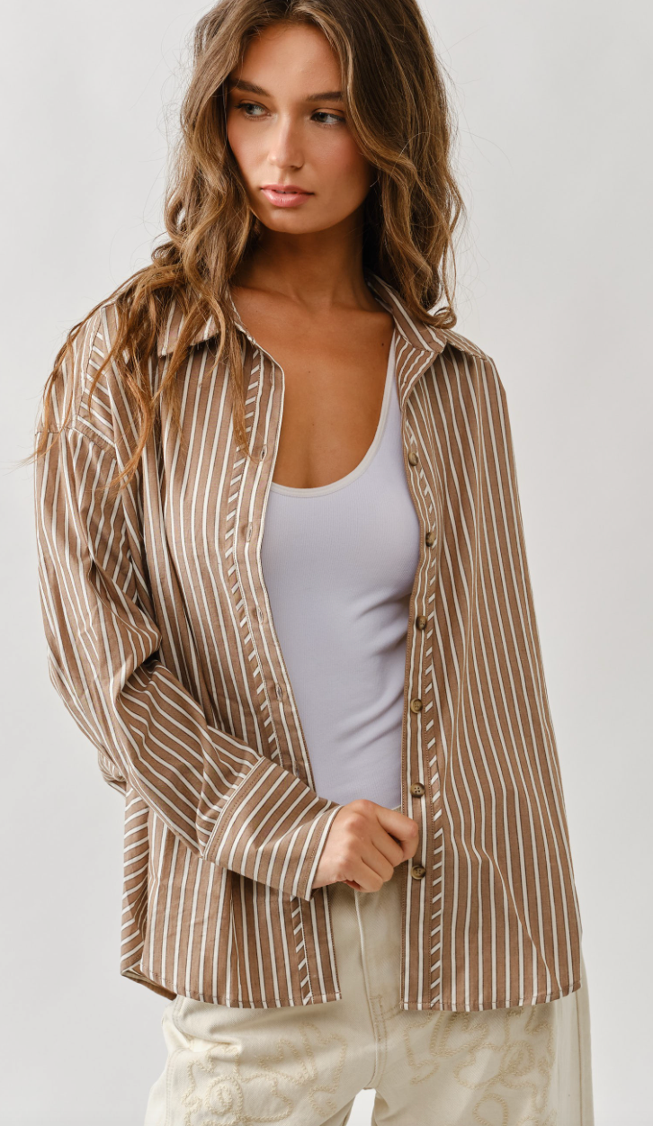 Oversized Striped Button Down Blouse - Mocha
