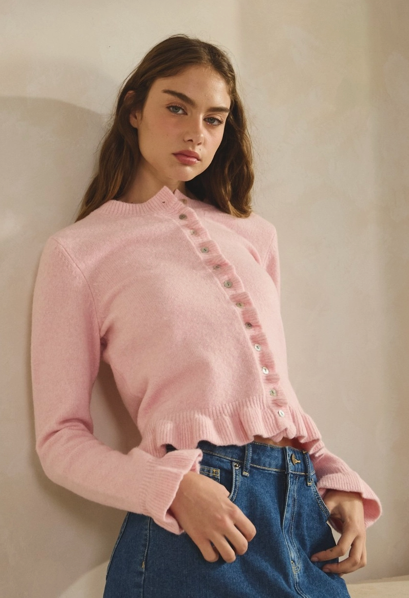 Ruffle Cardigan - Pink