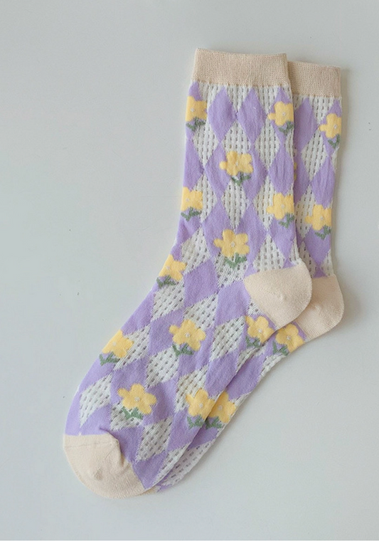 Flower Mesh Socks - Yellow & Lavender