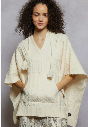 Mohair Hoodie Poncho - Powder Cream