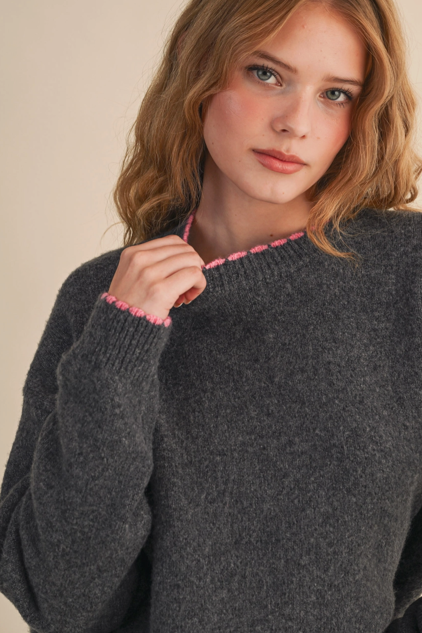Sunday Sweater - Grey with Pink Scalloped Edge