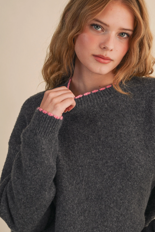 Sunday Sweater - Grey with Pink Scalloped Edge