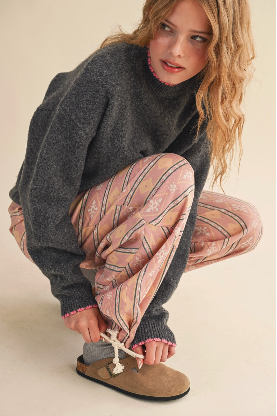 Sunday Sweater - Grey with Pink Scalloped Edge