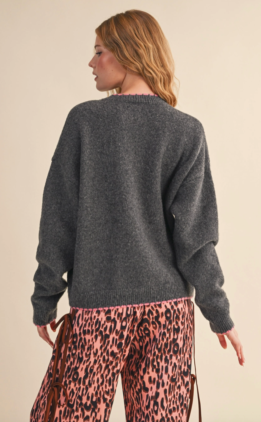 Sunday Sweater - Grey with Pink Scalloped Edge