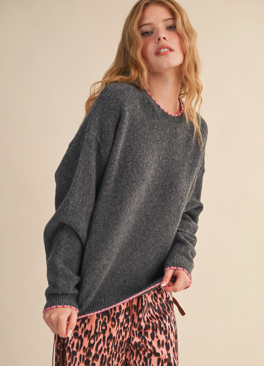 Sunday Sweater - Grey with Pink Scalloped Edge