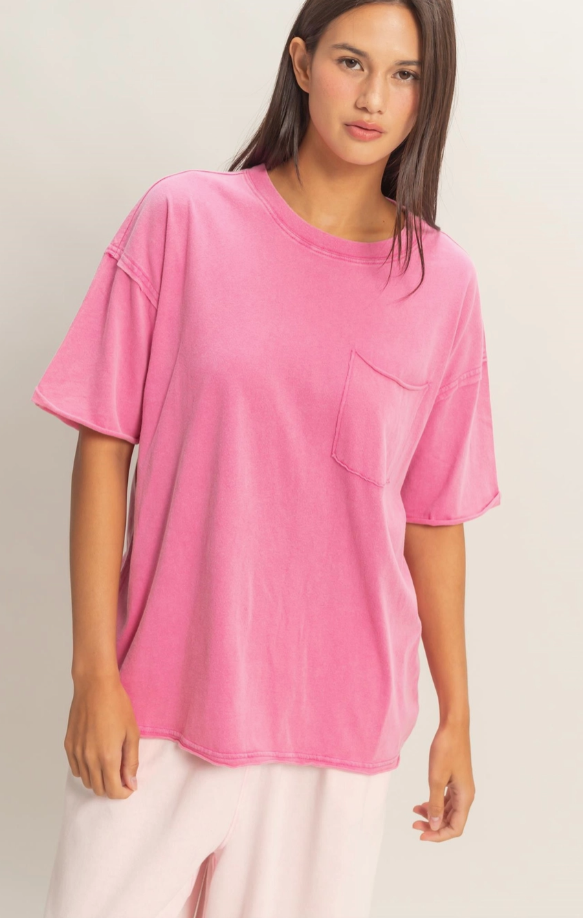 Laid Back Pocket Crew Neck T-Shirt - Washed Fuschia