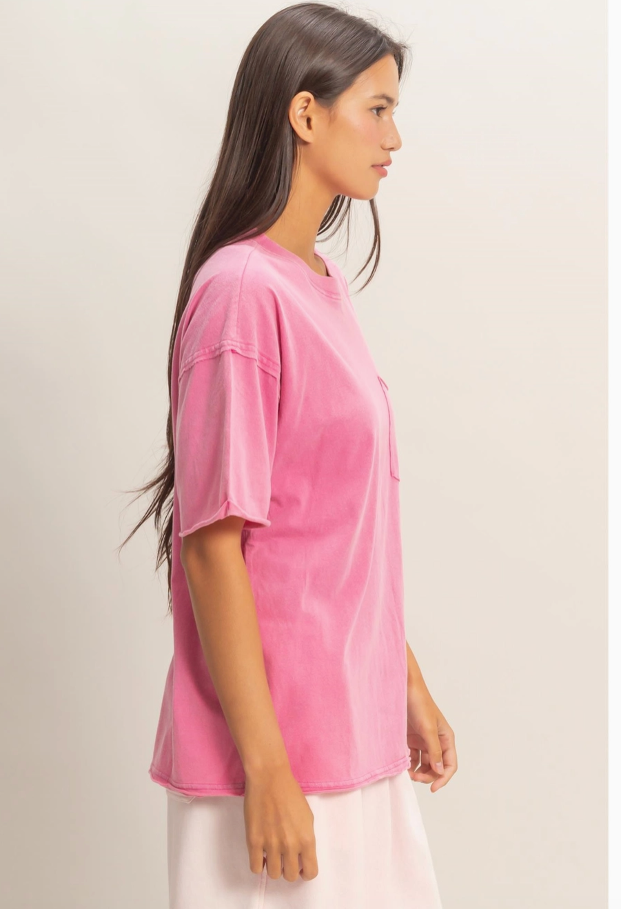 Laid Back Pocket Crew Neck T-Shirt - Washed Fuschia