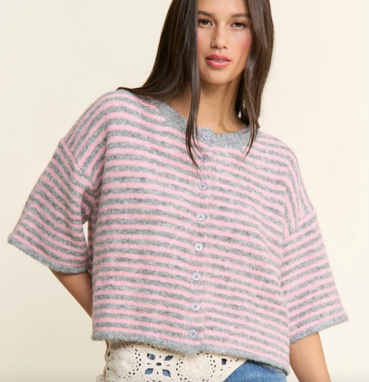 Seabreeze Stripe Cardi - Pink/Grey Stripe