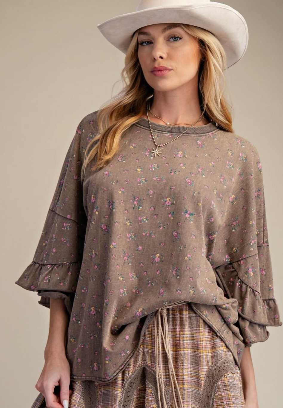 Washed Mocha Floral Top
