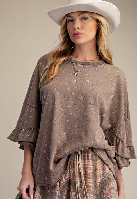 Washed Mocha Floral Top