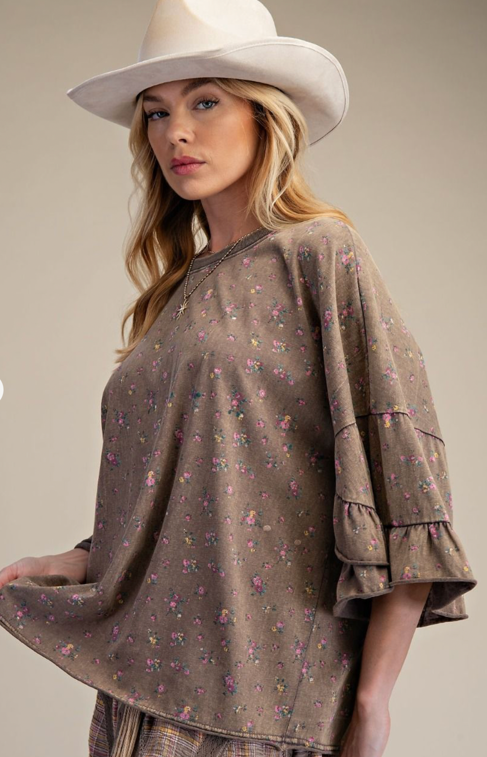 Washed Mocha Floral Top