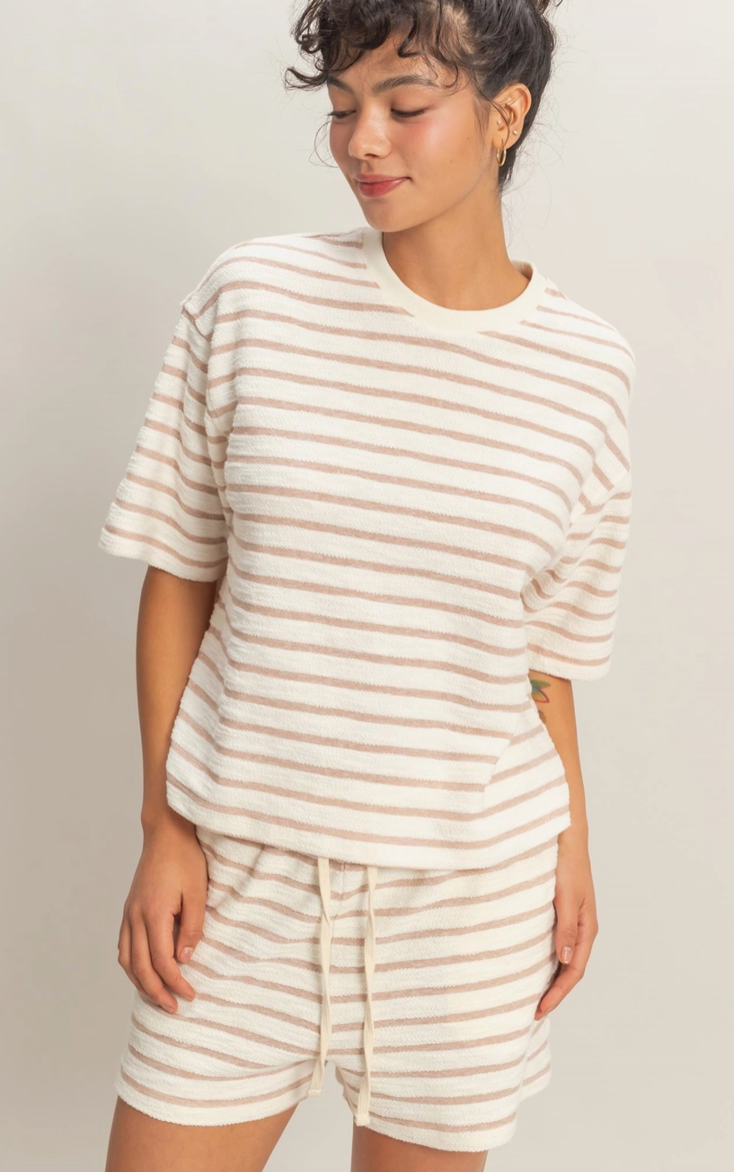 Laid Back Striped Terry Cloth T-Shirt - Tan