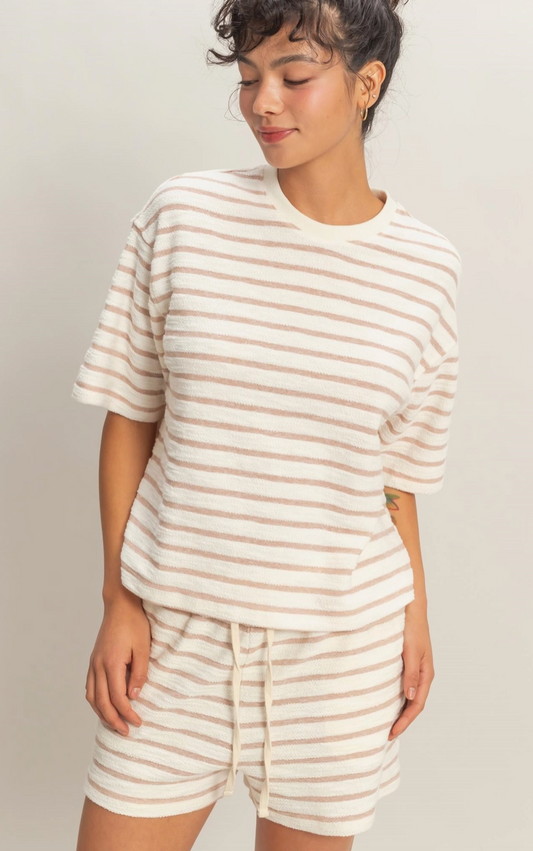 Laid Back Striped Terry Cloth T-Shirt - Tan