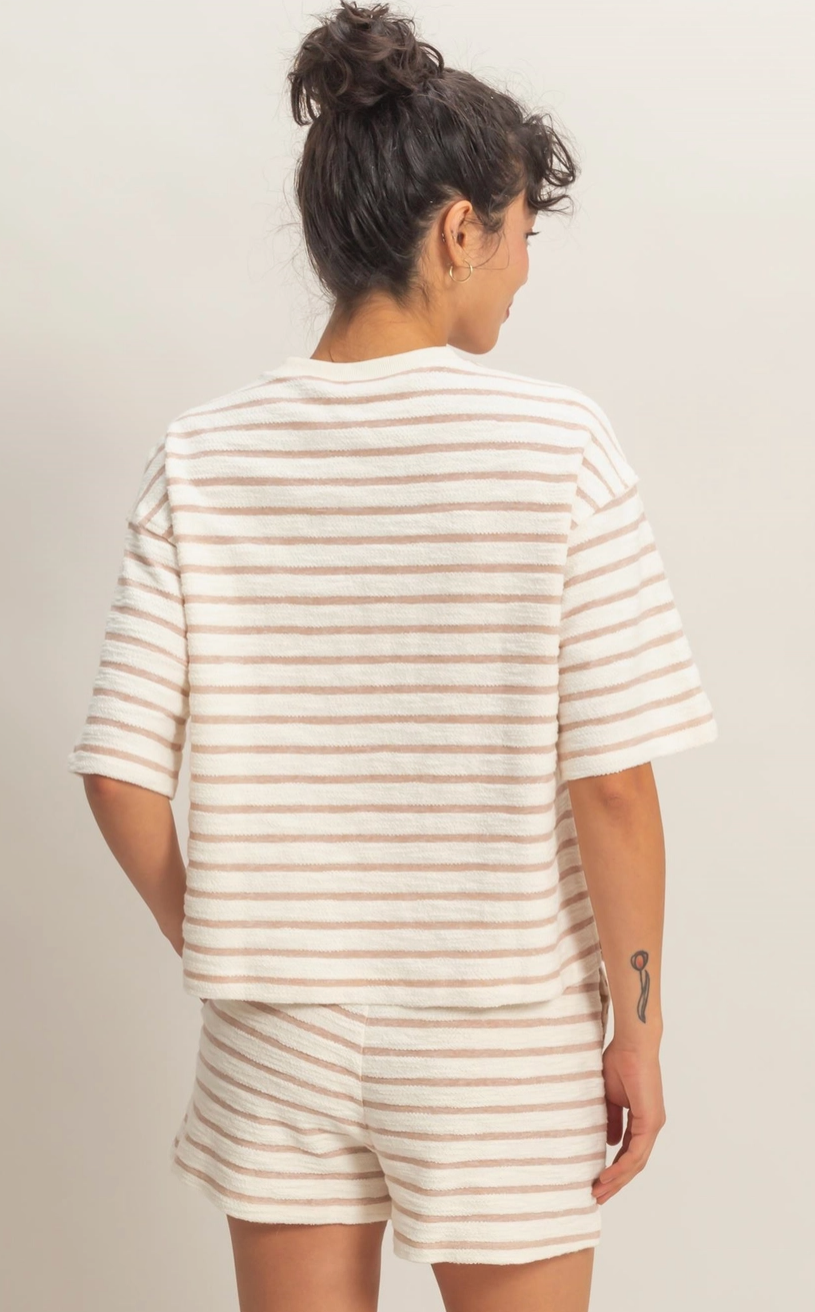Laid Back Striped Terry Cloth T-Shirt - Tan