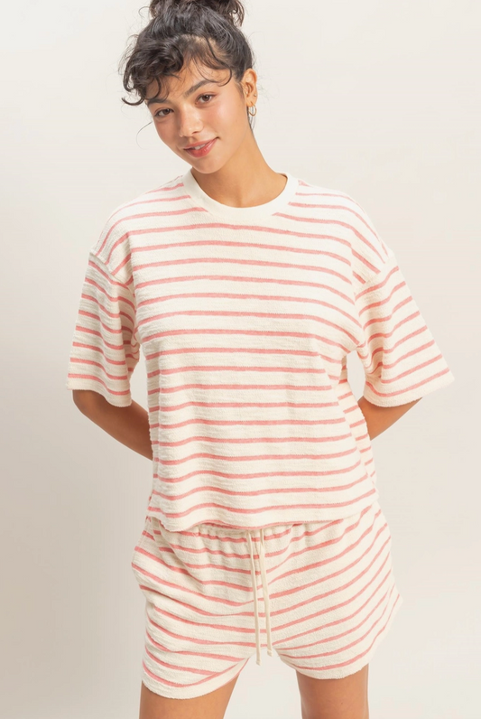 Laid Back Striped Terry Cloth T-Shirt - Pink