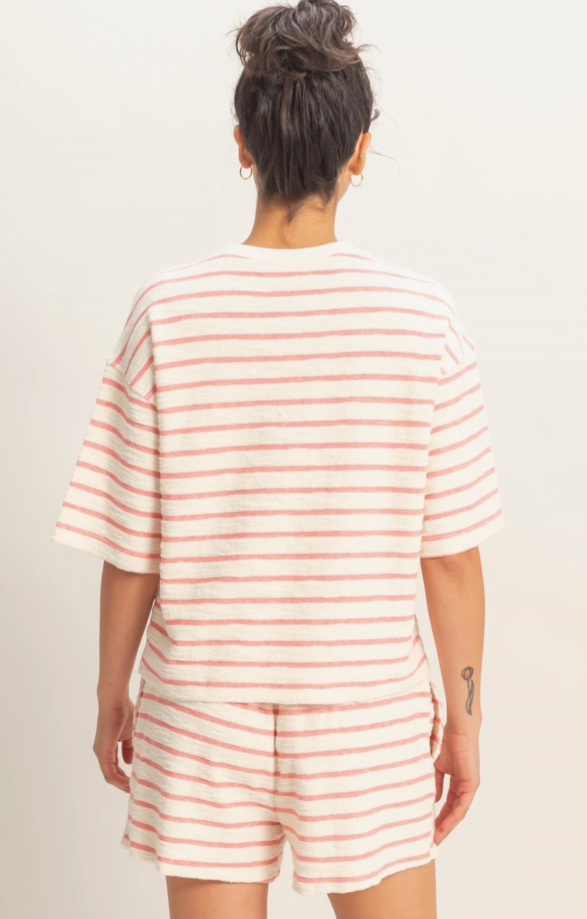 Laid Back Striped Terry Cloth T-Shirt - Pink