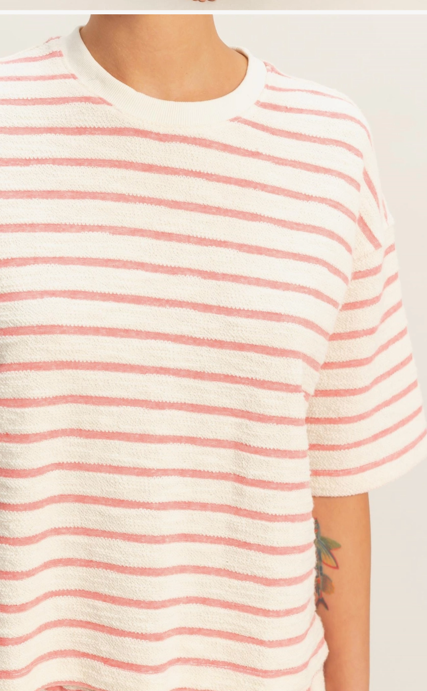 Laid Back Striped Terry Cloth T-Shirt - Pink