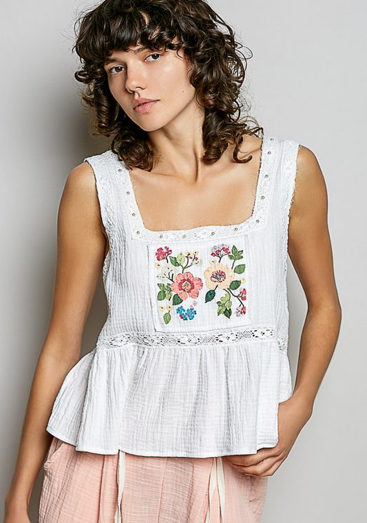 Flowers For Summer Gauze Tank - White